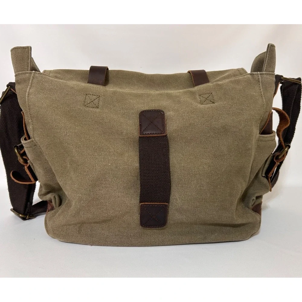 Military Leather Canvas Laptop Bag Messenger Medium Olive Travel Crossbody
